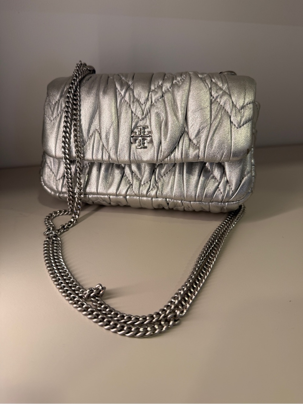 Tory Burch Silver Quilted Ruched Shoulder Bag - Picture 2 of 5